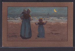 Ansichtskarte Künstlerkarte Sign. Barham Frau Kinder Meer Mond Abendstimmung - Groupes D'enfants & Familles