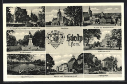 AK Stolp, Bismarckplatz, Rathaus, Markt, Schlossgarten  - Pommern