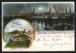 Lithographie Hamburg, Feenteichbrücke In Uhlenhorst, Totalansicht  - Noord
