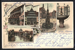 Lithographie Nürnberg, Schöner Brunnen, Gänsemännchen, Peller Haus, Bratwurstglöcklein  - Nuernberg