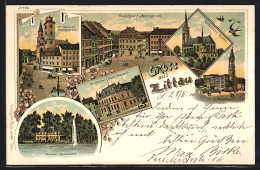 Lithographie Zittau, Weinau-Restaurant, Hauptpostamt, Marktplatz Mit Amtsgericht Und Johanneum  - Zittau