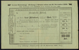 Lübeck Lotterielos Der Fa. Oscar Müllenbrock Mit Hauptgewinn 500.000 Mark 1899 - Billets De Loterie