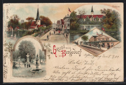 Lithographie Hamburg-Bergedorf, Bahnhof, Pension R. Sievers, Schloss  - Bergedorf