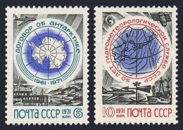 Russia 3859-3860,MNH. Antarctic Treaty-10,Meteorology Service-50.1971.Map,Plane, - Neufs