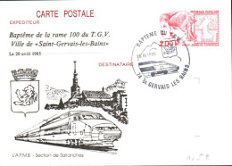 ENTIER PHILEX REPIQUE BAPTEME RAME 100 TGV VILLE DE GERVAIS LES BAINS 1985 - Commemorative Postmarks