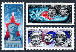 Russia 4309-4311, MNH. Mi 4342-4344. Cosmonauts Day 1975. Gagarin, Soyuz-Salyut. - Ongebruikt