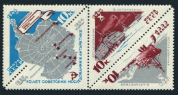 Russia 3162-3164a Strip,MNH. USSR In Antarctica-10,1966.Map,Ship,Snowcat Tractor - Nuevos