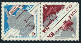 Russia 3162-3164a Strip,MNH. USSR In Antarctica-10,1966.Map,Ship,Snowcat Tractor - Neufs