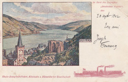 BINNENSCHIFFE - RHEIN, Köln-Düsseldorfer "DEUTSCHER KAISER", Bacharach, Künstler F. V. Wille, 1902, Druckstelle - Paquebots