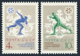 Russia 3796-3797,MNH.Mi 3825-3826. Trade Union Winter Games,1971.Skating,Skiing. - Unused Stamps