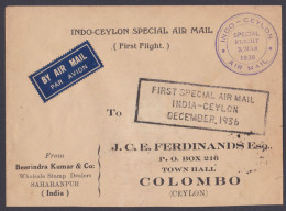 Sri Lanka Ceylon 1936 First Special Flight Christmas Cover, Airmail, King George V, Indo-Ceylon, India To Colombo - Sri Lanka (Ceilán) (1948-...)