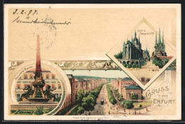 Lithographie Erfurt, Monumentalbrunnen, Steigerstrasse Mit Strassenbahn, Dom & Severikirche  - Erfurt