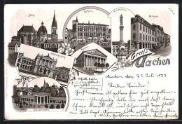Lithographie Aachen, Rathaus, Dom, Kurhaus, Polytechnikum  - Aachen