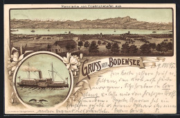 Vorläufer-Lithographie Friedrichshafen, 1895, Panorama Vom Bodensee, Dampfer Kaiser Franz Josef I.  - Friedrichshafen