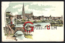 Lithographie Ulm / Donau, Ortsansicht Mit Dom Und Fischerjunge  - Ulm