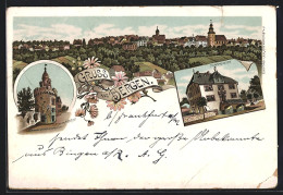 Lithographie Frankfurt-Bergen-Enkheim, Turm Aus Der Römerzeit, Schelmenburg, Gesamtansicht  - Frankfurt A. Main