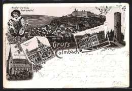 Lithographie Kulmbach, Rathaus Und Post, Katholische Kirche, Realschule  - Kulmbach