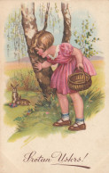 Easter - Girl W Basket , Rabbit Bunny Kaninchen - Pâques