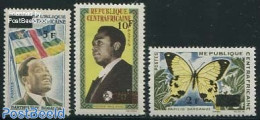 Central Africa 1965 Overprints 3v, Mint NH, History - Nature - Flags - Politicians - Butterflies - Zentralafrik. Republik