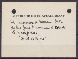 Carte De Visite Non-signée Alphonse De Chateaubriant (écrivain Français Collaborateur Durant La Seconde Guerre Mondiale) - Andere & Zonder Classificatie