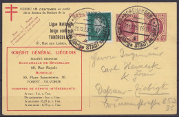 EP CP 15c + 15c Lilas Houyoux "Ligue Nationale Belge Contre La Tuberculose" Utilisée Comme Support (RR!) Affr. 8pf Càpt  - Tarjetas 1909-1934