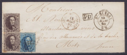 Env. Rare Affr. Paire Vert. N°14 + N°15A ! (tarif 40c) Lpts "324" Càd ST-HUBERT /14 MARS 1865 Pour METZ - [PD] - Càd "BE - 1863-1864 Medaillons (13/16)