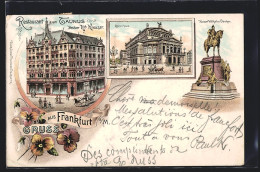 Lithographie Frankfurt /Main, Restaurant Zum Taunus, Opernhaus, Kaiser Wilhelm-Denkmal  - Frankfurt A. Main