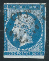 N°14 20c BLEU NAPOLEON TYPE 1 / OBLITERATION CP 3° AMBULANT CALAIS A PARIS - 1853-1860 Napoleone III