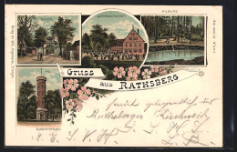 Lithographie Rathsberg, Aussichtsthurm, Schloss, Gartenrestaurant  - Sonstige & Ohne Zuordnung