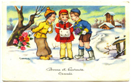 CPSM 9 X 14 Bonne Et Heureuse Année  Illustrateur I. Gougeon  Enfants  Amoureux  Neige Fleurs église - Gougeon