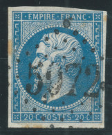 N°14 20c BLEU NAPOLEON TYPE 2 / GC 5072 TENEZ ALGERIE / 1 TROU D'EPINGLE - 1853-1860 Napoleon III