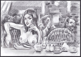 (Woman In A Bar / Frau Im Restaurant) - Akt / Aktzeichnung / Frau / Woman / Femme / Nude / Dessin - Prenten & Gravure
