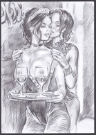 (Lesbische Liebe / Lesbian Love) -  Akt / Aktzeichnung / Frau / Woman / Femme / Nude / Weingläser / Wine Glas - Prints & Engravings
