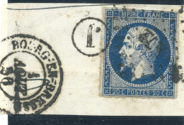 N°14 20c BLEU NAPOLEON TYPE 1 / OBLITERATION PC & BOITE RURALE J / BOURG EN BRESSE 1 AOUT 1856 - 1853-1860 Napoléon III.
