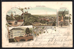 Lithographie Weinheim / Bergstrasse, Hotel Pfälzer Hof, Rother Thurm, Kriegerdenkmal  - Weinheim