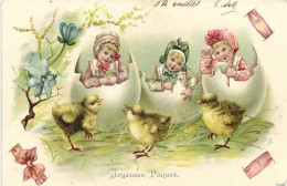 Carte Gaufrée Joyeuses Paques 3 Enfants Dans Des Coquilles D'uoeuds  Poussins Pionnière  RV - Pâques