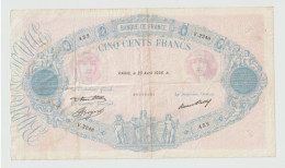 Grand Billet De 500 Francs (24cm Sur 14) Du 23 Avril 1936. A. N° 452 - V. 2248 - Couleur Bleu Ciel Et Rose Voir Descrip - 500 F 1940-1944 ''La Paix''