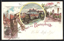 Lithographie Ravensburg / Württ., Marktstrasse, Weingarten, Strasse Am Schloss  - Ravensburg