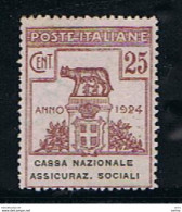 REGNO  PARASTATALI:  1924  CASSA  NAZIONALE  ASSICURAZ. SOCIALI  -  25 C. LILLA  BRUNO  S.G. -  SASS. 26 - Franchigia