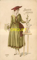 Illustrateur Style Sager, Bonne Année, Jeune Femme Qui Met Du Gui Et Du Houx Près D'un Portrait De Poilu - Other & Unclassified