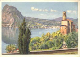 11654594 Castagnola-Cassarate Panorama Kirche  Kuenstlerkarte Castagnola-Cassara - Autres & Non Classés
