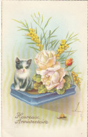  ***  CHATS *** CHATTS CHATONS  --  Par Illustrateur -Heureux Anniversaire N° 412 Chaton Et Roses TTBE écrite  - Gatti