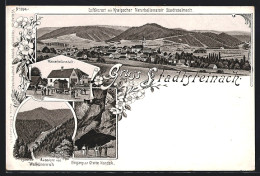 Lithographie Stadtsteinach, Ortsansicht, Wasserheilanstalt, Eingang Z. Grotte Nordek, Aussicht Von Walkürenruh  - Otros & Sin Clasificación