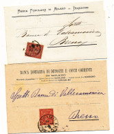 1866/1887 MILANO DUE STAMPE BANCARIE CON 0,02  TIRATURE DE LA RUE E TORINO - Marcophilia