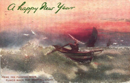 NEW YEAR, HOLIDAY, CELEBRATION, BOAT, BIRDS, QUOTE, PAINTING, ENGLAND, EMBOSSED POSTCARD - Nouvel An