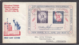 LETTRE DE NEW YORK,AVEC CACHET 1ERJOUR ET BLOC FIPEX 1956,POUR BELGRAD,YOUGOSLAVIE.2 CACHETS D'ARRIVEE. - Covers & Documents