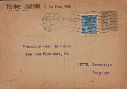 AFFRANCHISSEMENT COMPOSE SUR ENTIER CARTE SEMEUSE DE PARIS 5 POUR LA BELGIQUE 1929 - Postal Rates
