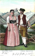 PAINTING, FINE ARTS, FOLKLORE COSTUME, MAN WITH HAT AND WOMAN, MOUNTAIN, APPENZELL, SWITZERLAND, POSTCARD - Pintura & Cuadros