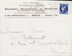 1941. REP. FRANCAISE. 1 F On 1F75 Ceres On Cover To Restaurent In Bordeaux Sender: ETAT FRANC... (Michel 488) - JF545770 - Covers & Documents