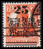 1918. POLSKA. 7½ Pf. Germania Deutsche Post In Polen With Overprint 25 On Poczta Polska.  (Michel 16 ) - JF545883 - Gebruikt